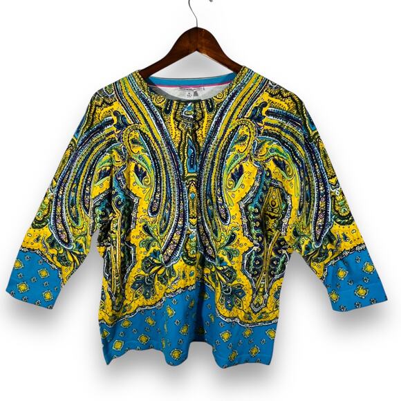 Isaac Mizrahi Paisley Print Cardigan Sweater Blue Yellow Stretch 3/4 Sleeve XL - Picture 3 of 12